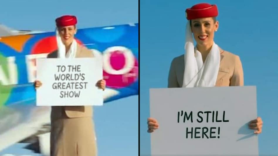 Not only does the one minute 16-seconds long video show an air hostess on top of the Burj Khalifa, it also features a specially painted plane for the Dubai Expo 2020 Not only does the one minute 16-seconds long video show an air hostess on top of the Burj Khalifa, it also features a specially painted plane for the Dubai Expo 2020