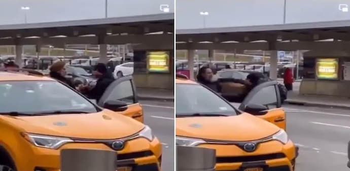 In these screengrabs of the undated video, a man could be seen assaulting the Sikh taxi driver outside the JFK International Airport. (Screengrab/Twitter/@navjotpkaur) In these screengrabs of the undated video, a man could be seen assaulting the Sikh taxi driver outside the JFK International Airport. (Screengrab/Twitter/@navjotpkaur)