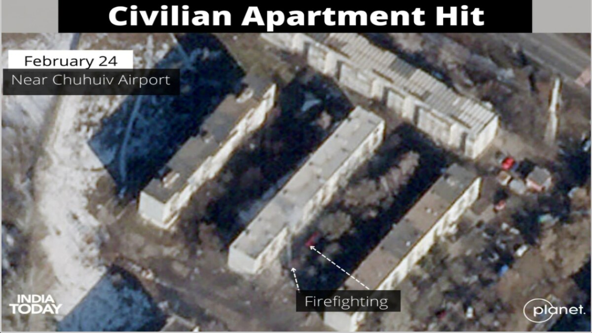 Satellite image shows firefighting at an apartment near Chuhuiv airport, following the Russian airstrikes near Kharkiv. (Courtesy Planet Labs PBC, annotation Ankit Kumar, India Today) Satellite image shows firefighting at an apartment near Chuhuiv airport, following the Russian airstrikes near Kharkiv. (Courtesy Planet Labs PBC, annotation Ankit Kumar, India Today)