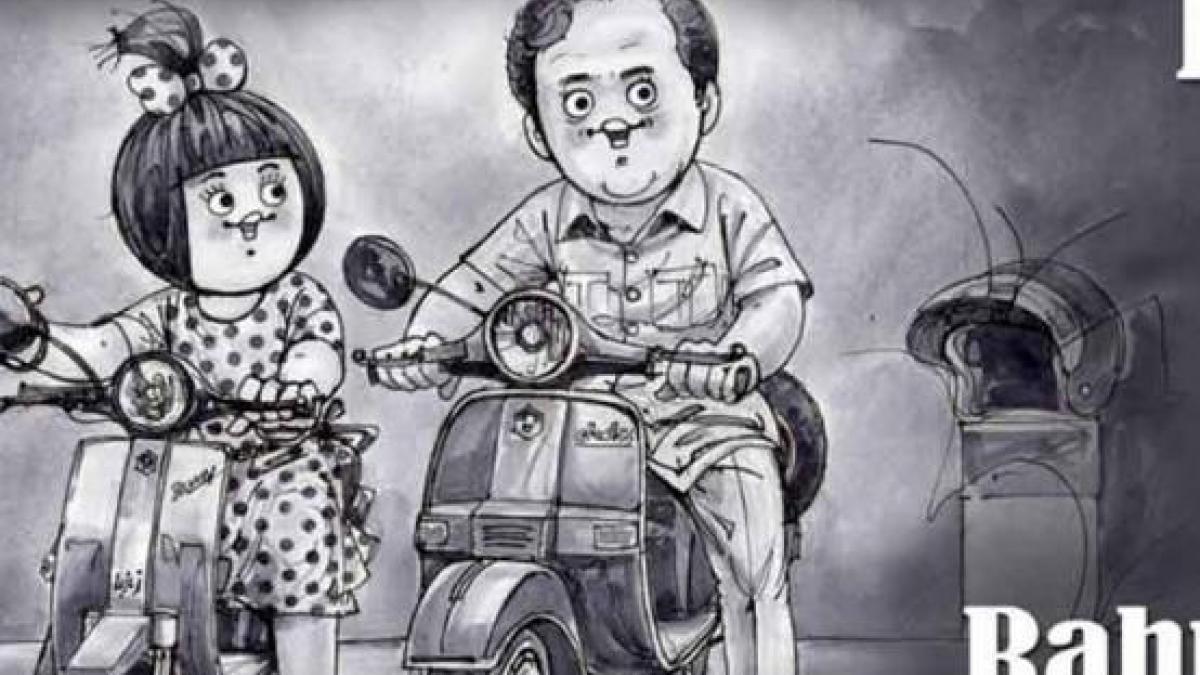 This topical features the Amul mascot seated on one Bajaj Chetak scooter and Bajaj seated on another This topical features the Amul mascot seated on one Bajaj Chetak scooter and Bajaj seated on another