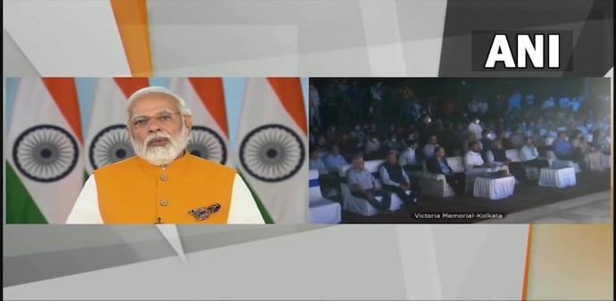 Prime Minister Narendra Modi addressing virtual gathering at the Victoria Memorial. (Photo: ANI) Prime Minister Narendra Modi addressing virtual gathering at the Victoria Memorial. (Photo: ANI)