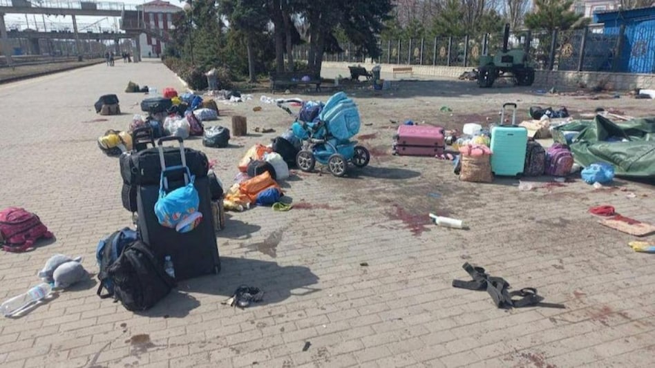 The railway station in Kramatorsk, Ukraine, after the attack on Friday. (Ukrainian President Zelenskyy's Telegram channel via AP) The railway station in Kramatorsk, Ukraine, after the attack on Friday. (Ukrainian President Zelenskyy's Telegram channel via AP)