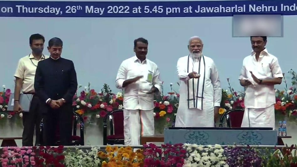 PM Modi, in the presence of CM MK Stalin, lays the foundation stone of development works worth over Rs. 31,000 crore, including the Bangalore-Chennai Expressway, at Jawaharlal Nehru Stadium in Chennai. (Photo: ANI) PM Modi, in the presence of CM MK Stalin, lays the foundation stone of development works worth over Rs. 31,000 crore, including the Bangalore-Chennai Expressway, at Jawaharlal Nehru Stadium in Chennai. (Photo: ANI)