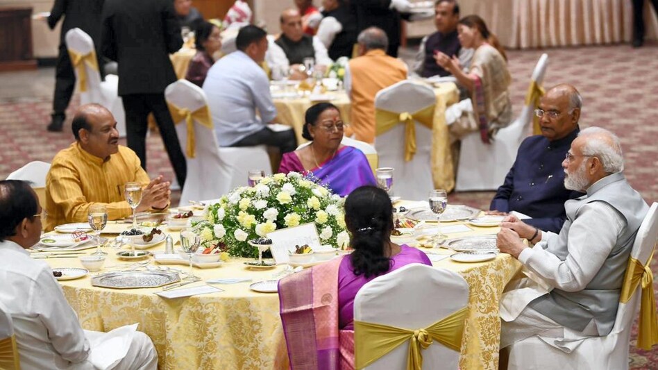 Vice President M Venkaiah Naidu, Lok Sabha Speaker Om Birla and members of the prime minister's Cabinet were present at the event. Congress leader Adhir Ranjan Chowdhury also attended the dinner. Vice President M Venkaiah Naidu, Lok Sabha Speaker Om Birla and members of the prime minister's Cabinet were present at the event. Congress leader Adhir Ranjan Chowdhury also attended the dinner.