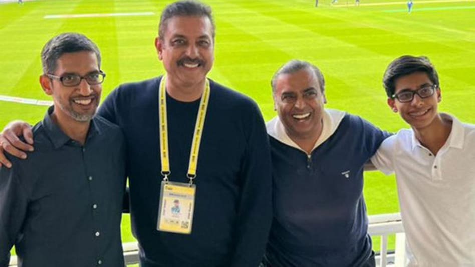 Team India’s former head coach Ravi Shastri shared a picture with Reliance Industries Chairman Mukesh Ambani and Google CEO Sundar Pichai Team India’s former head coach Ravi Shastri shared a picture with Reliance Industries Chairman Mukesh Ambani and Google CEO Sundar Pichai