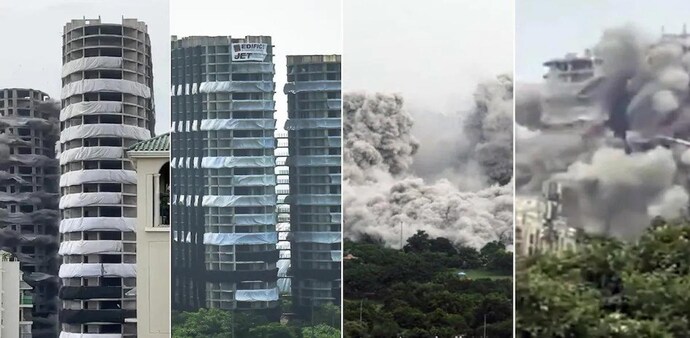 On August 28, the 100-metre-tall Supertech twin towers, Apex and Ceyane, were demolished within nine seconds On August 28, the 100-metre-tall Supertech twin towers, Apex and Ceyane, were demolished within nine seconds