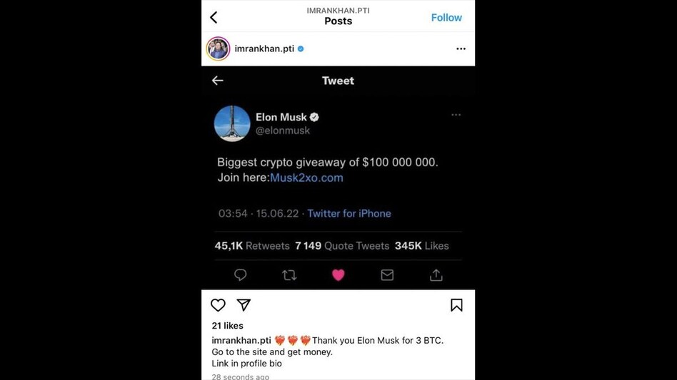 Khan's Instagram profile shared a story with a screenshot of Musk's tweet about winning $100,000. Khan's Instagram profile shared a story with a screenshot of Musk's tweet about winning $100,000.