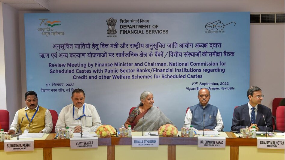 FM Sitharaman during a meeting to review the progress of various government schemes aimed at the welfare and upliftment of SCs FM Sitharaman during a meeting to review the progress of various government schemes aimed at the welfare and upliftment of SCs