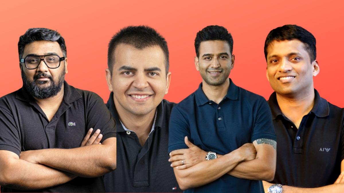 Caption - (R to L), Byju Raveendran, Nithin Kamath, Bhavish Aggarwal, and Kunal Shah are among India's richest startup founders in 2022. Caption - (R to L), Byju Raveendran, Nithin Kamath, Bhavish Aggarwal, and Kunal Shah are among India's richest startup founders in 2022.