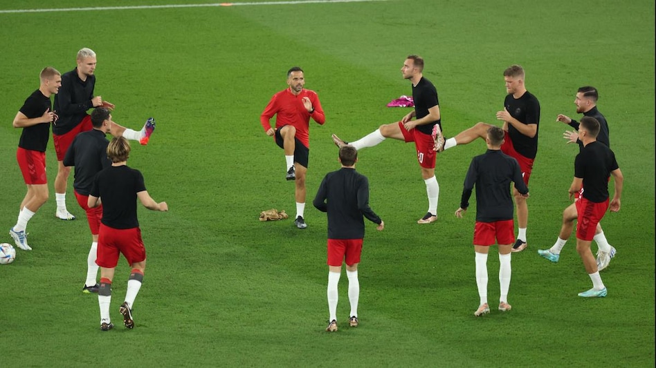 Denmark players during the warm up before the match Denmark players during the warm up before the match
