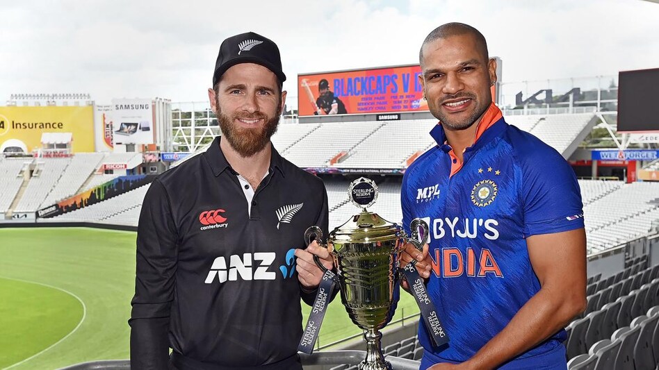 Indian cricketer Shikhar Dhawan and New Zealand skipper Kane Williamson with the ODI series trophy ahead of the matches, at Eden Park, Auckland, New Zealand. Indian cricketer Shikhar Dhawan and New Zealand skipper Kane Williamson with the ODI series trophy ahead of the matches, at Eden Park, Auckland, New Zealand.