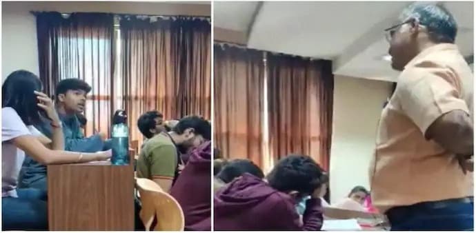 In the 45-second video, the young student can be spotted confronting the professor in a classroom full of students. In the 45-second video, the young student can be spotted confronting the professor in a classroom full of students.