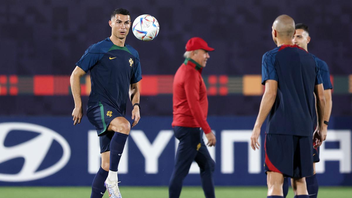 Cristiano Ronaldo during Portugal’s training session in Doha. Cristiano Ronaldo during Portugal’s training session in Doha.