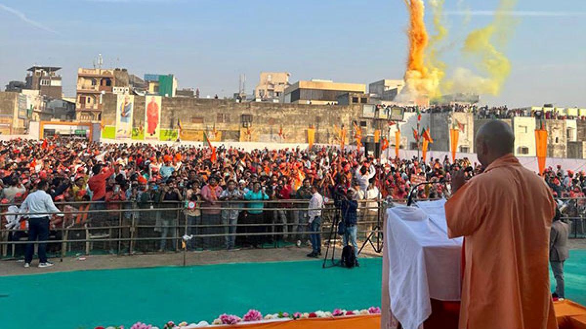 UP CM Yogi Adityanath was in Godhra for a roadshow ahead of the elections. Photo: ANI UP CM Yogi Adityanath was in Godhra for a roadshow ahead of the elections. Photo: ANI