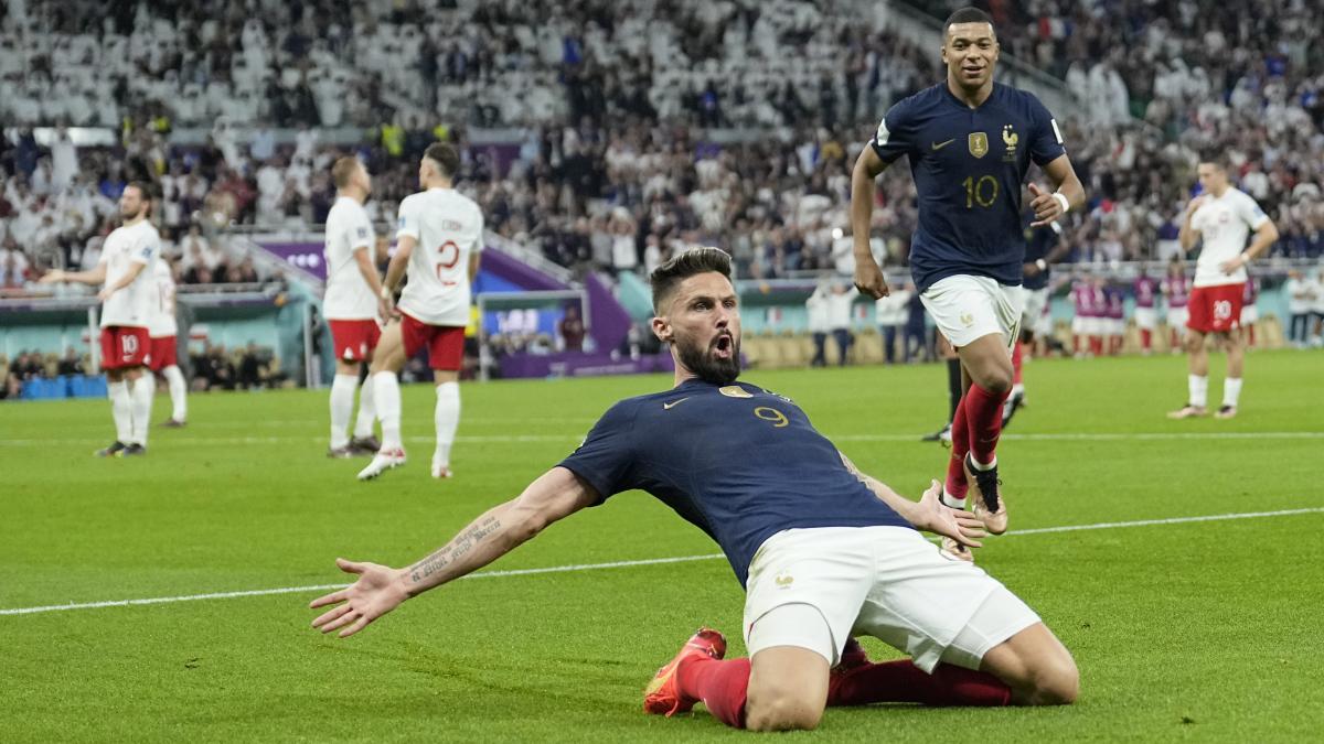 France's Olivier Giroud celebrates after scoring the opening goal during the World Cup round of 16 soccer match between France and Poland France's Olivier Giroud celebrates after scoring the opening goal during the World Cup round of 16 soccer match between France and Poland
