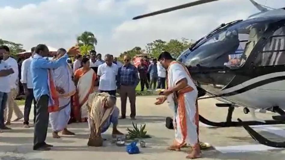 In a puja led by three priests, the family conducted all of the rituals in front of the helicopter, which is believed to be worth $5.7 million. In a puja led by three priests, the family conducted all of the rituals in front of the helicopter, which is believed to be worth $5.7 million.