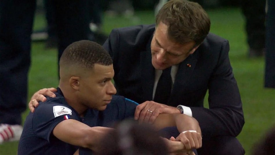After the defeat, Macron, who was in Qatar to watch the final, came down to the field to console the distraught Mbappé. After the defeat, Macron, who was in Qatar to watch the final, came down to the field to console the distraught Mbappé.