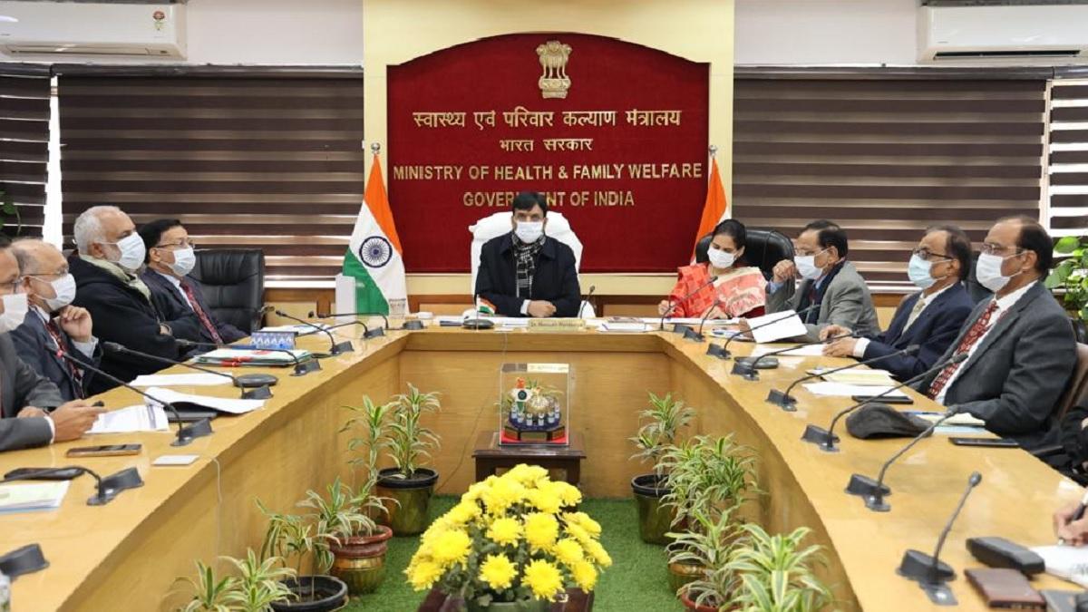 Union Health Minister Mansukh Mandaviya and other govt officials at a high-level meeting on Covid Union Health Minister Mansukh Mandaviya and other govt officials at a high-level meeting on Covid