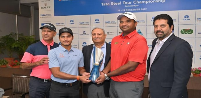 Indian golf legend Jeev Milkha Singh,Tata Steel PGTI leader Manu Gandas; Sanjiv Paul, VP, Tata Steel & captain Jamshedpur Golf, defending champion Udayan Mane & Uttam Singh Mundy, PGTI chief executive pose with the Tata Steel Tour Championship trophy Indian golf legend Jeev Milkha Singh,Tata Steel PGTI leader Manu Gandas; Sanjiv Paul, VP, Tata Steel & captain Jamshedpur Golf, defending champion Udayan Mane & Uttam Singh Mundy, PGTI chief executive pose with the Tata Steel Tour Championship trophy