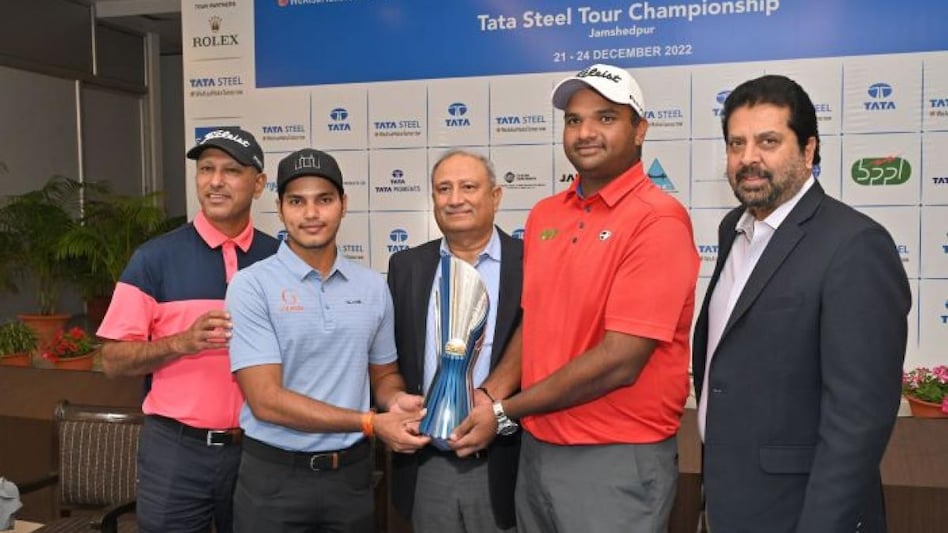 Indian golf legend Jeev Milkha Singh,Tata Steel PGTI leader Manu Gandas; Sanjiv Paul, VP, Tata Steel & captain Jamshedpur Golf, defending champion Udayan Mane & Uttam Singh Mundy, PGTI chief executive pose with the Tata Steel Tour Championship trophy Indian golf legend Jeev Milkha Singh,Tata Steel PGTI leader Manu Gandas; Sanjiv Paul, VP, Tata Steel & captain Jamshedpur Golf, defending champion Udayan Mane & Uttam Singh Mundy, PGTI chief executive pose with the Tata Steel Tour Championship trophy