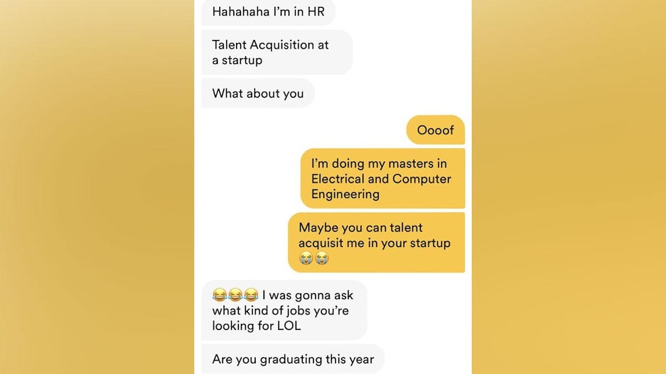 A Twitter user named Adnaan shared a screenshot of his conversation with his Bumble match A Twitter user named Adnaan shared a screenshot of his conversation with his Bumble match