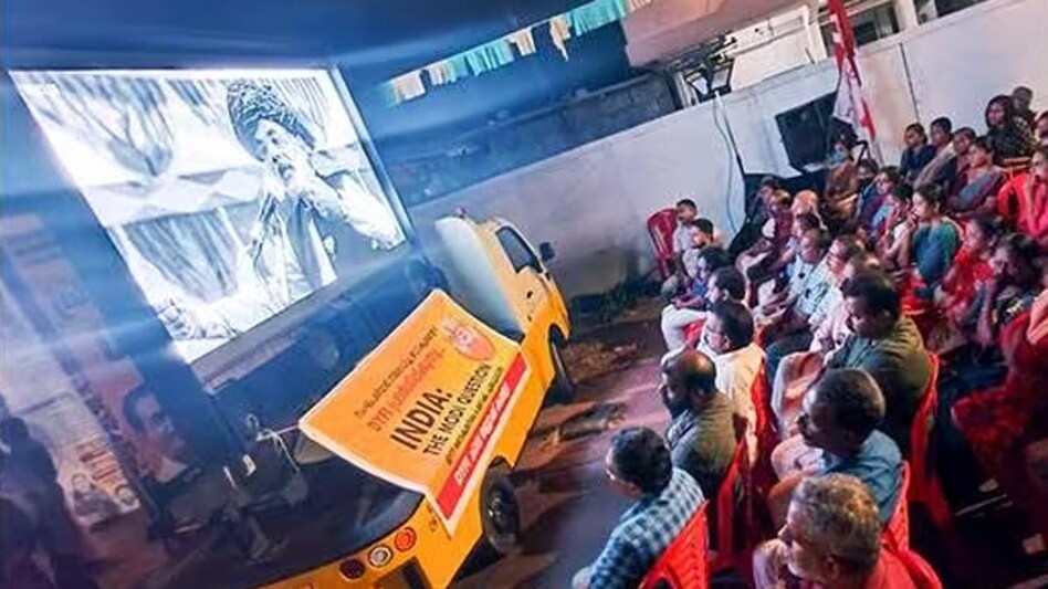 People watch the screening of the BBC documentary in Thiruvananthapuram on Thursday. Photo: PTI People watch the screening of the BBC documentary in Thiruvananthapuram on Thursday. Photo: PTI
