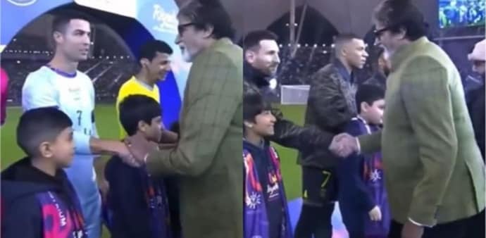 Big B tweeted, sharing his experience of attending the Football match. He shared a video where he can be seen greeting the players before the match(Image from ANI) Big B tweeted, sharing his experience of attending the Football match. He shared a video where he can be seen greeting the players before the match(Image from ANI)