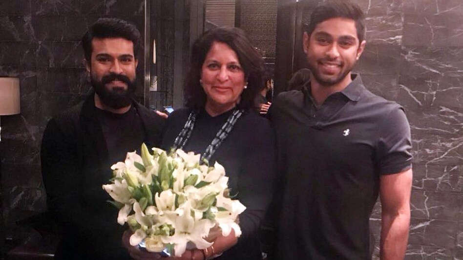 Shobana Kamineni, who is also the executive Vice-Chairperson of Apollo Hospitals, with actor Ram Charan Shobana Kamineni, who is also the executive Vice-Chairperson of Apollo Hospitals, with actor Ram Charan
