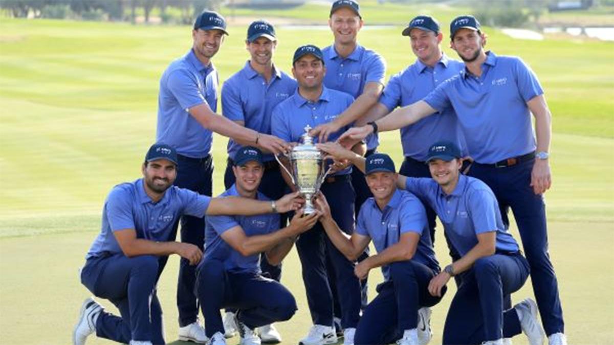 Members of the victorious Continental Europe team with the Hero Cup in Abu Dhabi on Sunday. Image courtesy Getty Images Members of the victorious Continental Europe team with the Hero Cup in Abu Dhabi on Sunday. Image courtesy Getty Images