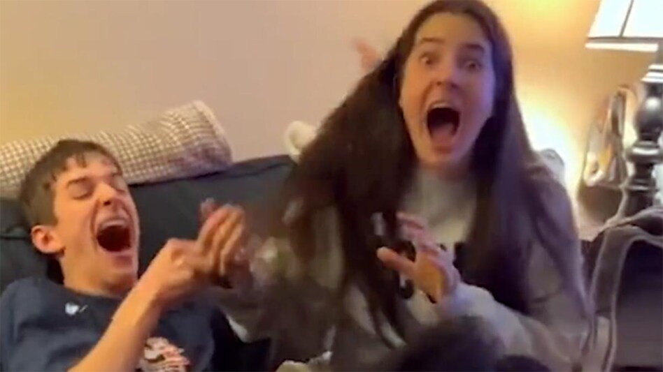 The teen, named Matthew Myslenski, is seen sitting beside his twin sister, with a laptop in front of him, excitement and shock distinctly visible on his face The teen, named Matthew Myslenski, is seen sitting beside his twin sister, with a laptop in front of him, excitement and shock distinctly visible on his face