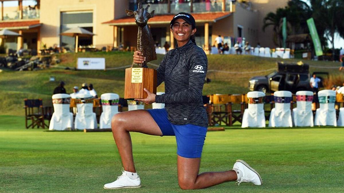Aditi Ashok poses with her Magical Kenya Ladies Open trophy at Vipingo Ridge on Sunday. Image courtesy LET Aditi Ashok poses with her Magical Kenya Ladies Open trophy at Vipingo Ridge on Sunday. Image courtesy LET