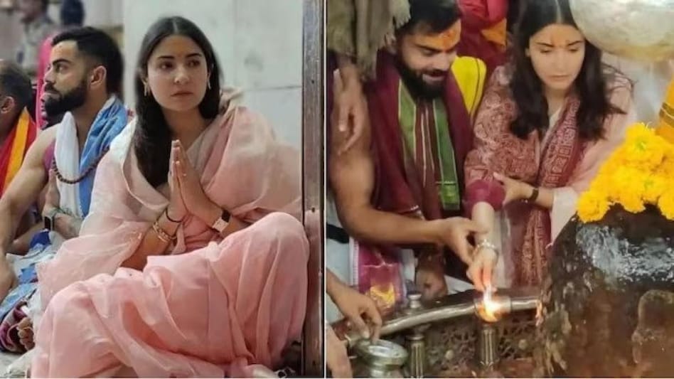 Sharma was seen wearing a pink salwaar-kameez while Kohli was in a traditional dhoti. Sharma was seen wearing a pink salwaar-kameez while Kohli was in a traditional dhoti.
