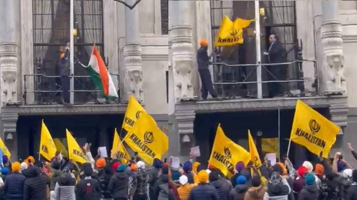 Khalistani protesters taking down the Indian flag.