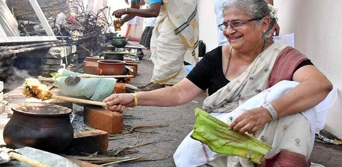 Sudha Murty's picture of preparing pongala has gone viral Sudha Murty's picture of preparing pongala has gone viral