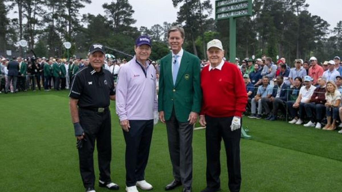 Gary Player (far left), Tom Watson, club chairman Scott Ridley and six-time winner Jack Nicklaus at the ceremonial start of the 87th edition of the year’s first major at Augusta National Golf Club on Thursday. Image courtesy Twitter Gary Player (far left), Tom Watson, club chairman Scott Ridley and six-time winner Jack Nicklaus at the ceremonial start of the 87th edition of the year’s first major at Augusta National Golf Club on Thursday. Image courtesy Twitter