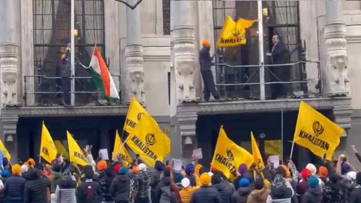 Pro-Khalistani group vandalising the Tricolour at the Indian high commission