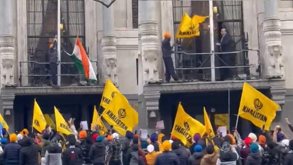 Pro-Khalistani group vandalising the Tricolour at the Indian high commission Pro-Khalistani group vandalising the Tricolour at the Indian high commission