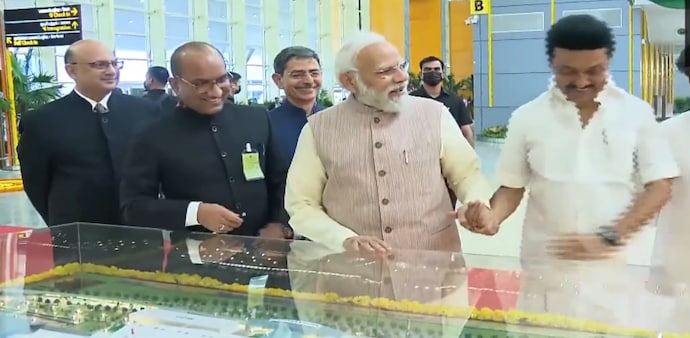 For the inauguration of the terminal building, PM Modi arrived in Chennai after spending a few hours in Hyderabad. Tamil Nadu CM M K Stalinand Governor R N Ravi gave him a warm welcome at the airport For the inauguration of the terminal building, PM Modi arrived in Chennai after spending a few hours in Hyderabad. Tamil Nadu CM M K Stalinand Governor R N Ravi gave him a warm welcome at the airport