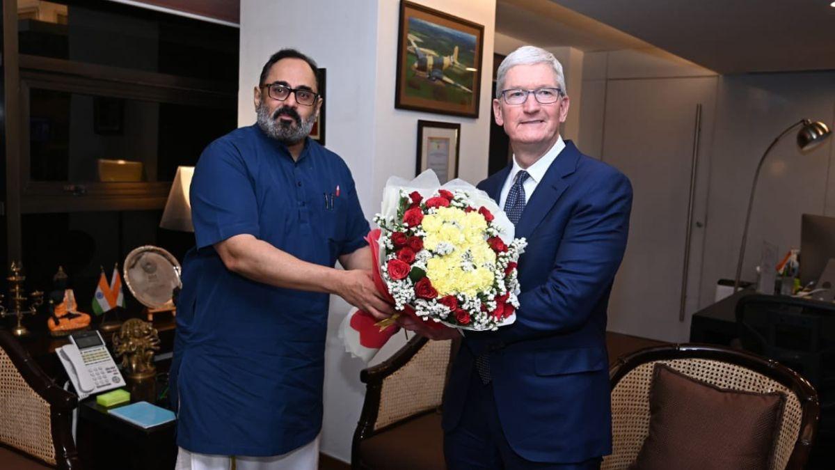 Union Minister of State for Electronics and IT, Rajeev Chandrasekhar met with Apple CEO Tim Cook on April 19 Union Minister of State for Electronics and IT, Rajeev Chandrasekhar met with Apple CEO Tim Cook on April 19