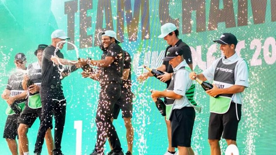 Members of the Torque GC team celebrate their victory at LIV Golf DC at Potomac Falls on Sunday. Image courtesy livgolf.com Members of the Torque GC team celebrate their victory at LIV Golf DC at Potomac Falls on Sunday. Image courtesy livgolf.com