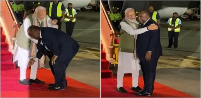 Upon his arrival, Prime Minister Modi was warmly welcomed by Papua New Guinea PM James Marape, who touched Modi’s feet. Upon his arrival, Prime Minister Modi was warmly welcomed by Papua New Guinea PM James Marape, who touched Modi’s feet.