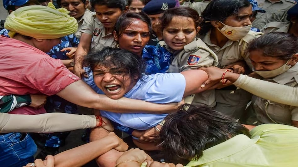 Wrestler Sakshi Malik during wrestlers' protest march in Delhi on May 28 Wrestler Sakshi Malik during wrestlers' protest march in Delhi on May 28