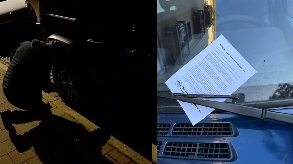 Tyre Extinguishers deflates tyres of SUVs and leave a note for the owners Tyre Extinguishers deflates tyres of SUVs and leave a note for the owners