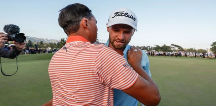 US Open winner Wyndham Clark being congratulated by college rival and friend Rickie Fowler in Los Angeles on Sunday. Image source usga.com US Open winner Wyndham Clark being congratulated by college rival and friend Rickie Fowler in Los Angeles on Sunday. Image source usga.com