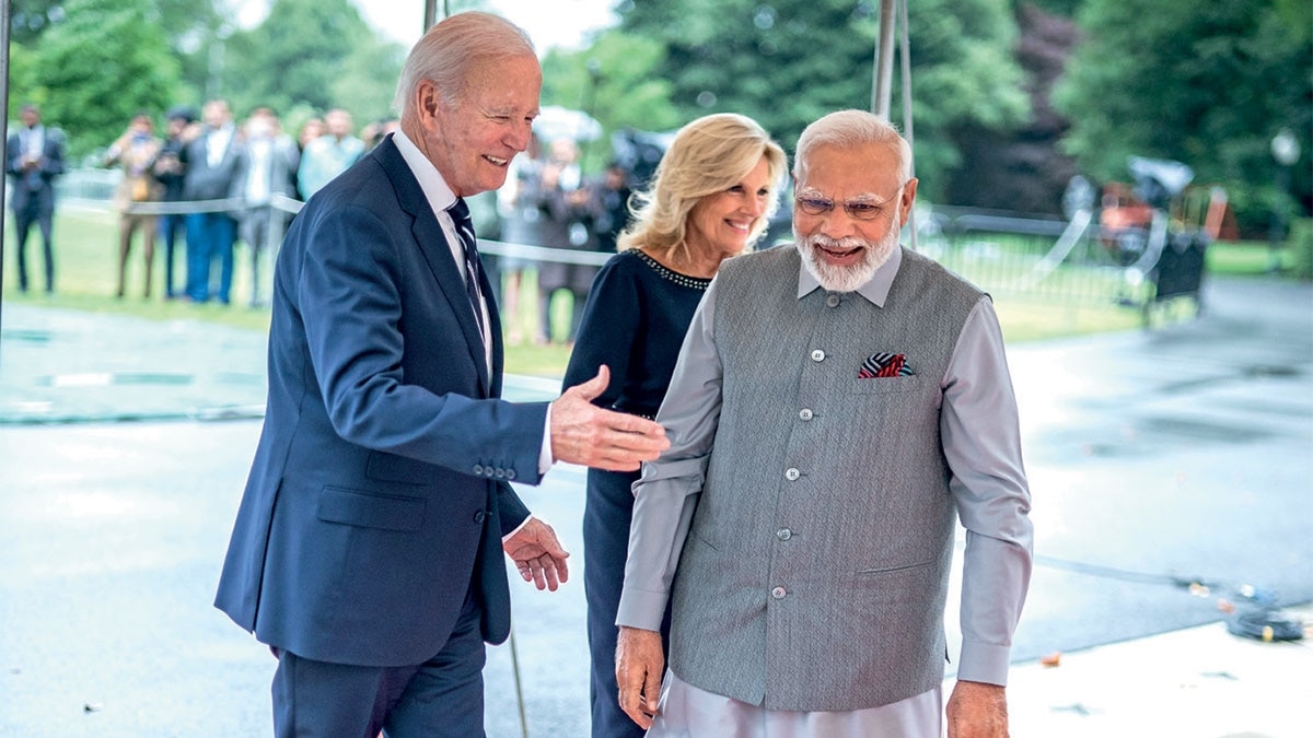 WARM RECEPTION US President Joe Biden and First Lady Jill Biden welcome Prime Minister Narendra Modi (right) at the White House in Washington WARM RECEPTION US President Joe Biden and First Lady Jill Biden welcome Prime Minister Narendra Modi (right) at the White House in Washington