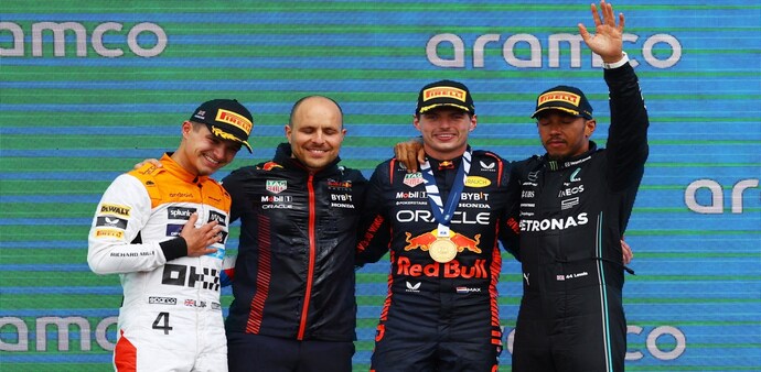 Red Bull's Max Verstappen celebrates on the podium after winning the race alongside second placed McLaren's Lando Norris and third placed Mercedes' Lewis Hamilton Red Bull's Max Verstappen celebrates on the podium after winning the race alongside second placed McLaren's Lando Norris and third placed Mercedes' Lewis Hamilton