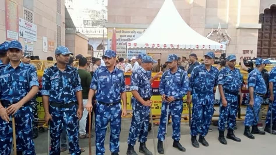 Security personnel outside the Gyanvapi mosque complex in Varanasi on Monday. Security personnel outside the Gyanvapi mosque complex in Varanasi on Monday.