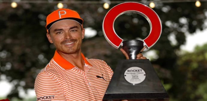 Rickie Fowler of the US with his Rocket Mortgage Classic trophy in Detroit on Sunday. Image courtesy Twitter Rickie Fowler of the US with his Rocket Mortgage Classic trophy in Detroit on Sunday. Image courtesy Twitter