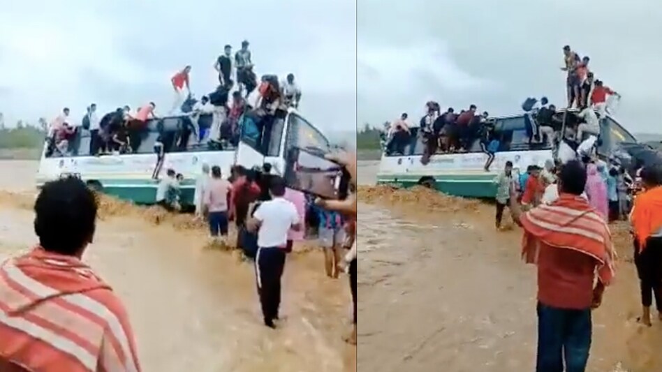 Uttarakhand bus gets stuck in deluge after heavy rains Uttarakhand bus gets stuck in deluge after heavy rains