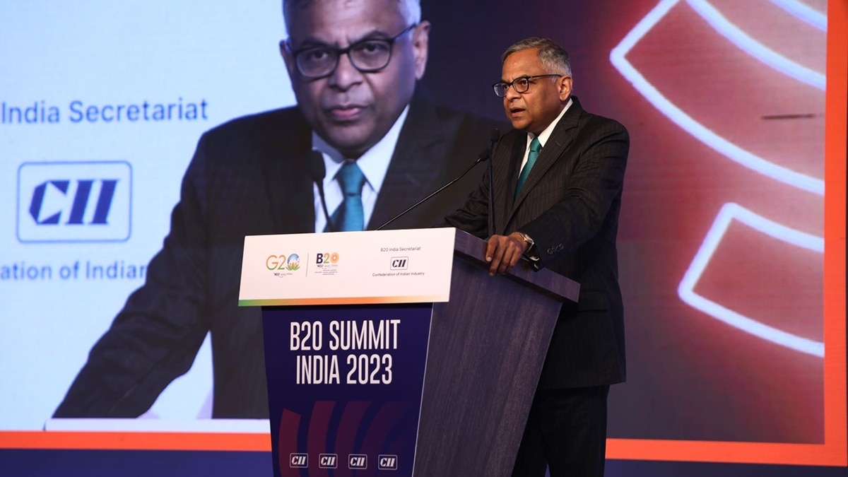 Tata Sons Chairman N Chandrasekaran addressing the B20 Summit India on Friday. -16:9 Tata Sons Chairman N Chandrasekaran addressing the B20 Summit India on Friday. -16:9